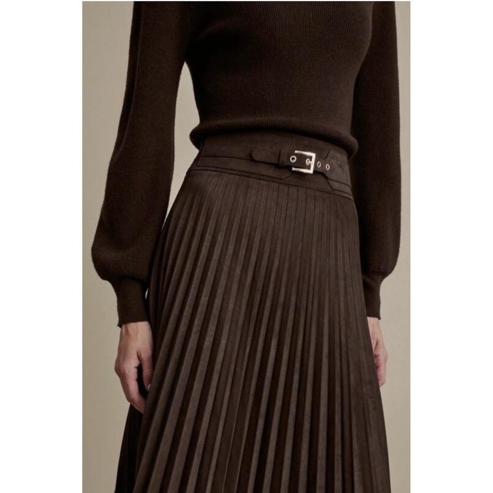 Soft Surroundings Lavina Faux Suede Pleated Stretch Skirt Belted Dark Brown S - Picture 2 of 16